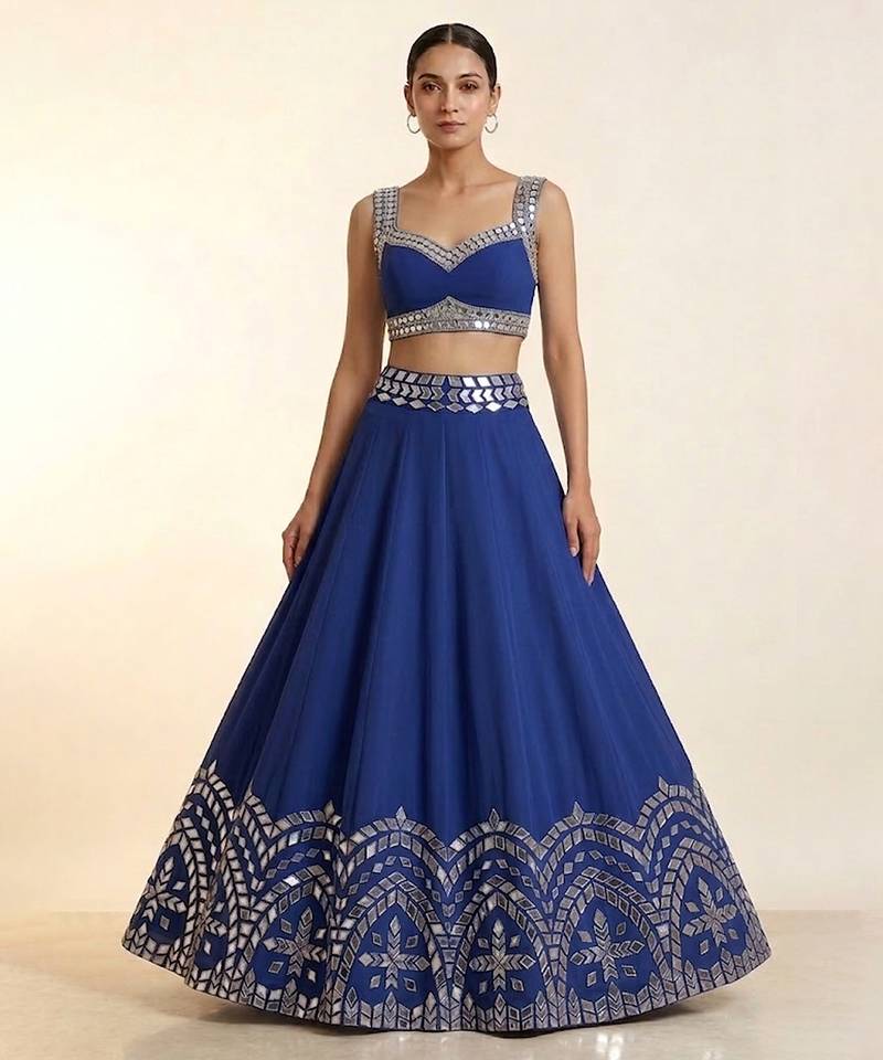 blue embroidered raw silk lehenga set