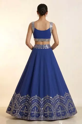 blue embroidered raw silk lehenga set