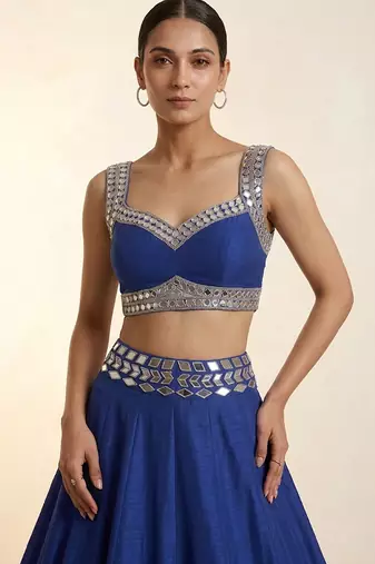 blue embroidered raw silk lehenga set