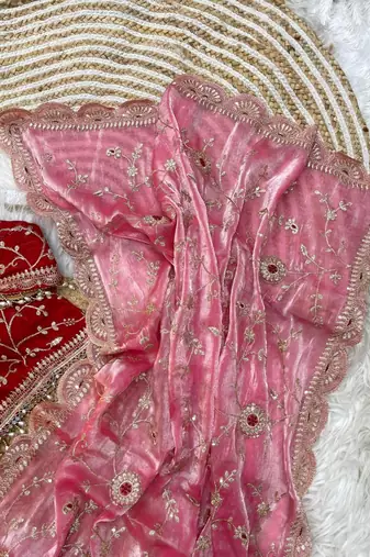 Pink Color embroidery 3 mm sequence work Satin art silk saree