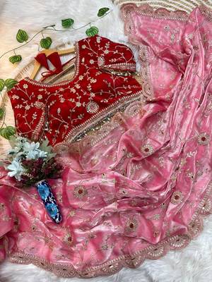 Pink Color embroidery 3 mm sequence work Satin art silk saree 3