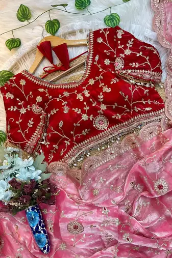 Pink Color embroidery 3 mm sequence work Satin art silk saree