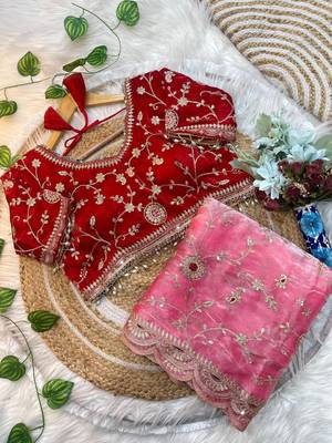 Pink Color embroidery 3 mm sequence work Satin art silk saree 5
