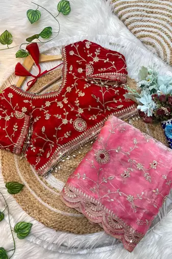 Pink Color embroidery 3 mm sequence work Satin art silk saree