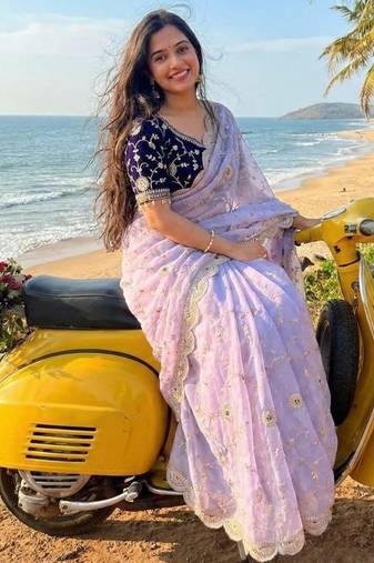 Purple Color embroidery 3 mm sequence work Satin Silk Saree