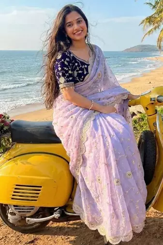 Purple Color embroidery 3 mm sequence work Satin Silk Saree