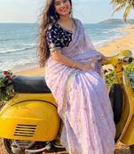 Purple Color embroidery 3 mm sequence work Satin Silk Saree