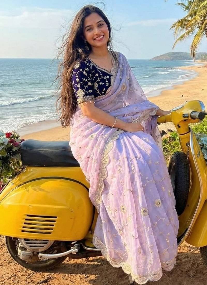 Purple Color embroidery 3 mm sequence work Satin Silk Saree