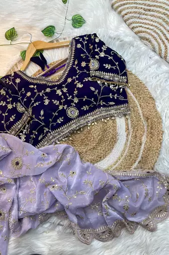 Purple Color embroidery 3 mm sequence work Satin art silk saree