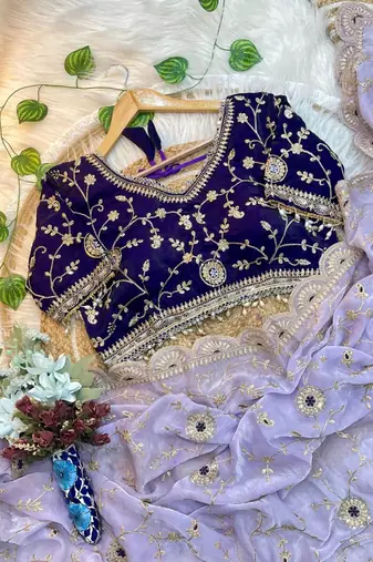 Purple Color embroidery 3 mm sequence work Satin art silk saree