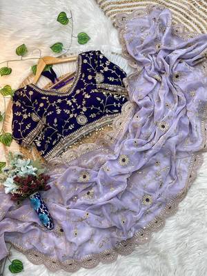 Purple Color embroidery 3 mm sequence work Satin art silk saree 4