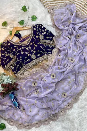 Purple Color embroidery 3 mm sequence work Satin art silk saree