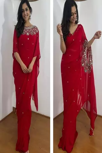 Georgette two style draped saree with stitched blouse