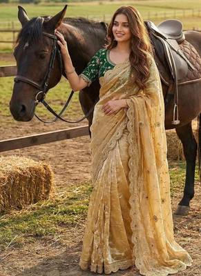 Yellow Color embroidery 3 mm sequence work Satin art silk saree 1