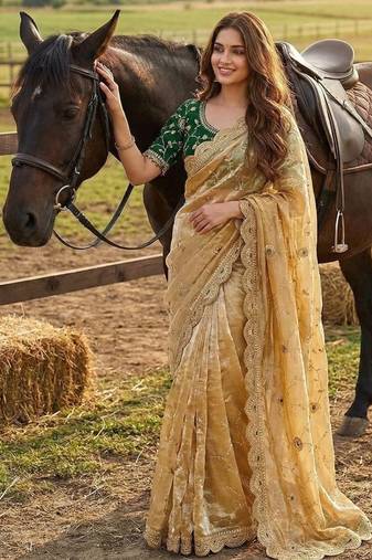 Yellow Color embroidery 3 mm sequence work Satin Silk Saree