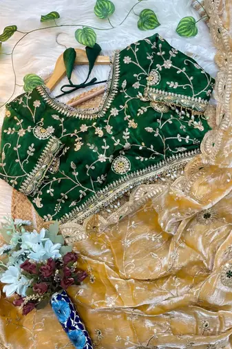 Yellow Color embroidery 3 mm sequence work Satin art silk saree