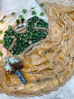 Yellow Color embroidery 3 mm sequence work Satin art silk saree 3