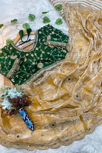 Yellow Color embroidery 3 mm sequence work Satin art silk saree