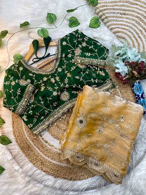 Yellow Color embroidery 3 mm sequence work Satin art silk saree 4