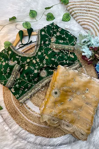 Yellow Color embroidery 3 mm sequence work Satin art silk saree