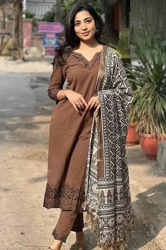 Brown Embroidered Kurta Set with Printed Dupatta