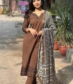 Brown Embroidered Kurta Set with Printed Dupatta