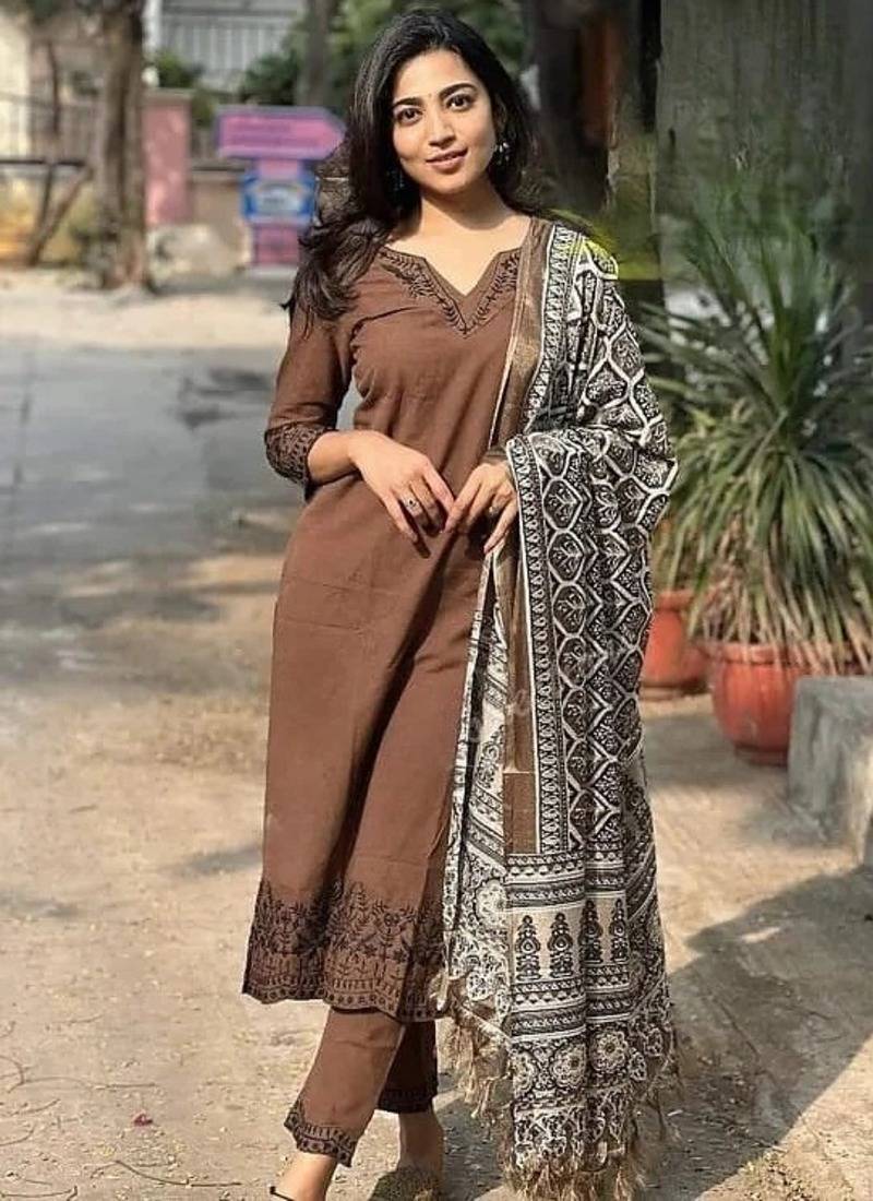 Brown Embroidered Kurta Set with Printed Dupatta