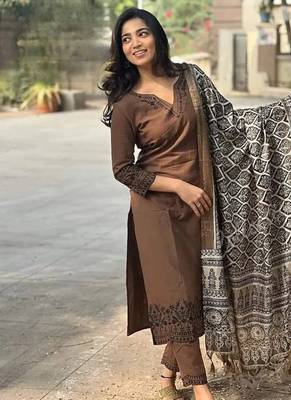 Brown Embroidered Kurta Set with Printed Dupatta 2