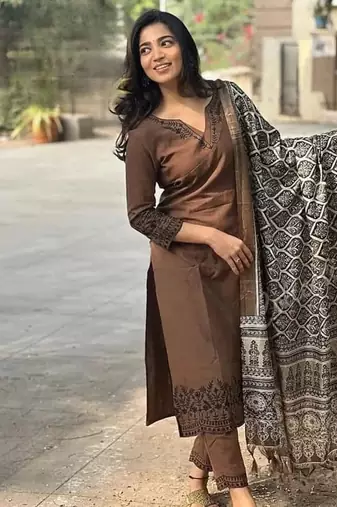 Brown Embroidered Kurta Set with Printed Dupatta