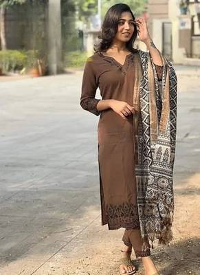 Brown Embroidered Kurta Set with Printed Dupatta 3