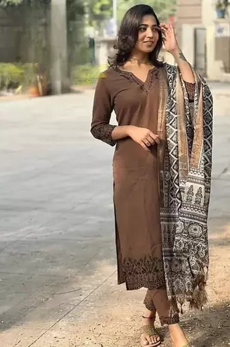 Brown Embroidered Kurta Set with Printed Dupatta