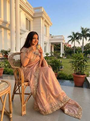 Light Pink Color hand mechine beats cutdana work Sartin Saree 1