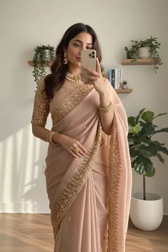 Light Pink Color hand mechine beats cutdana work Sartin Saree