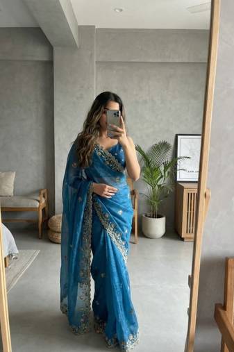 Blue Color embroidery sequence work Silk Saree