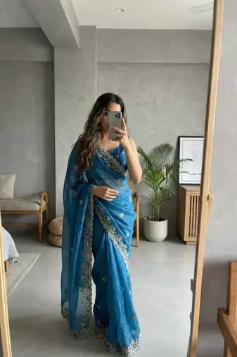 Blue Color embroidery sequence work Silk Saree