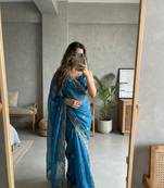 Blue Color embroidery sequence work Silk Saree