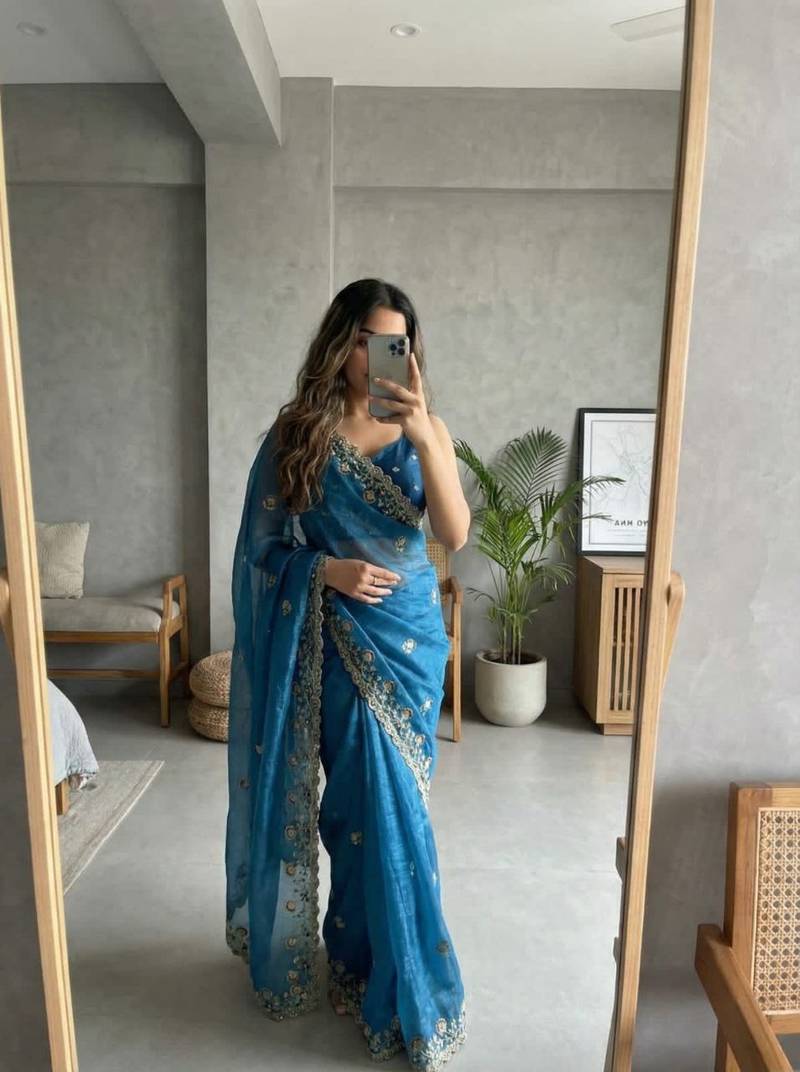 Blue Color embroidery sequence work Silk Saree