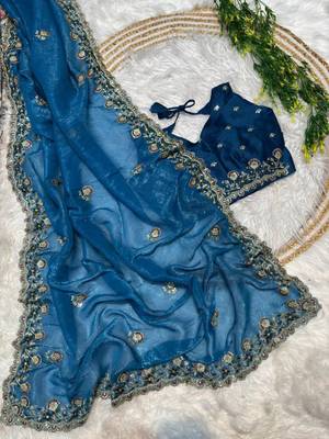 Blue Color embroidery sequence work art silk saree 2