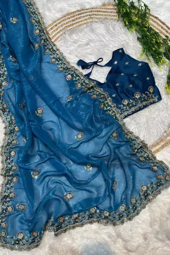 Blue Color embroidery sequence work art silk saree