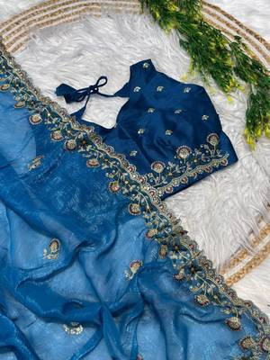 Blue Color embroidery sequence work art silk saree 3
