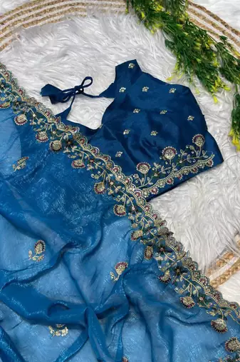 Blue Color embroidery sequence work art silk saree