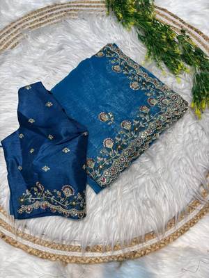 Blue Color embroidery sequence work art silk saree 4