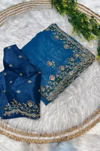 Blue Color embroidery sequence work art silk saree