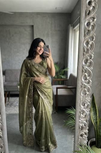 Mehndi Green Color embroidery sequence work Silk Saree