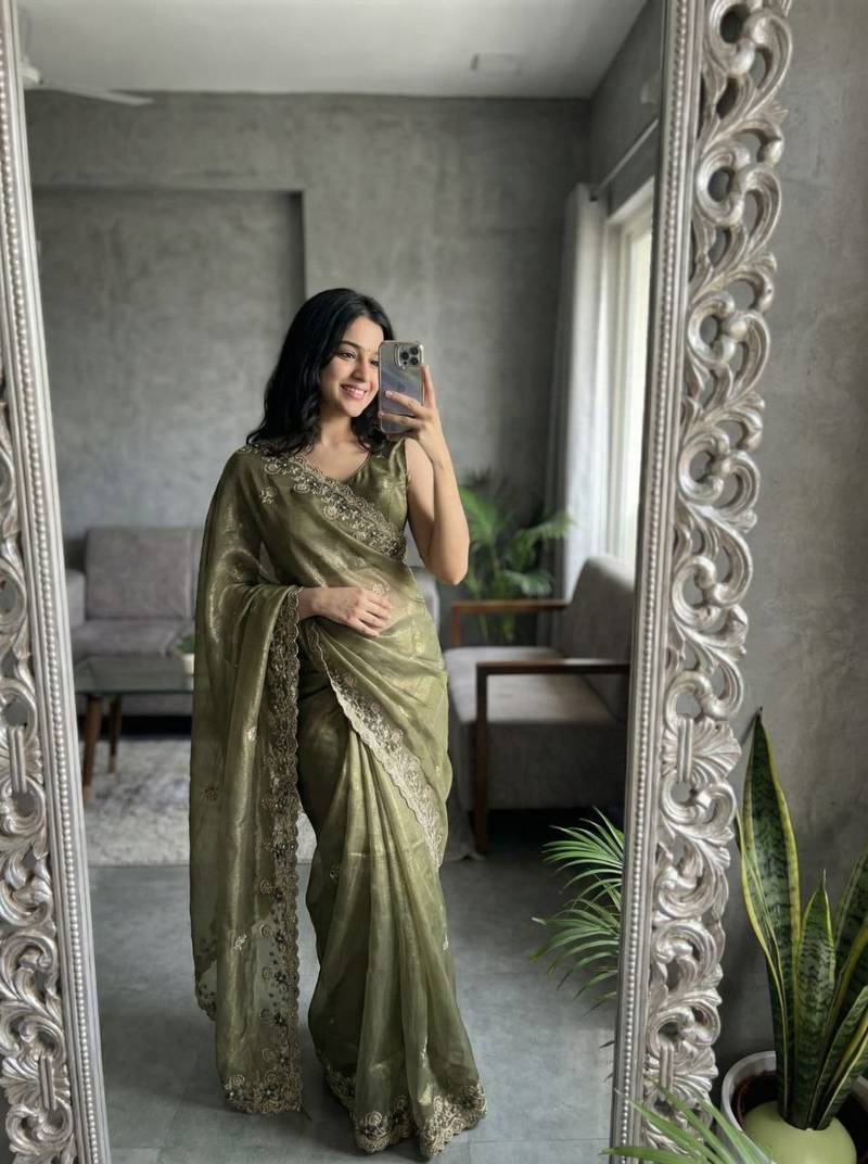 Mehndi Green Color embroidery sequence work Silk Saree