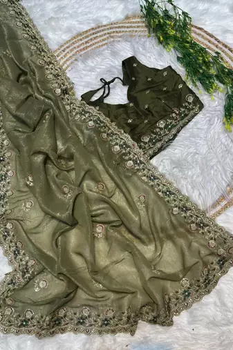 Mehndi Green Color embroidery sequence work art silk saree