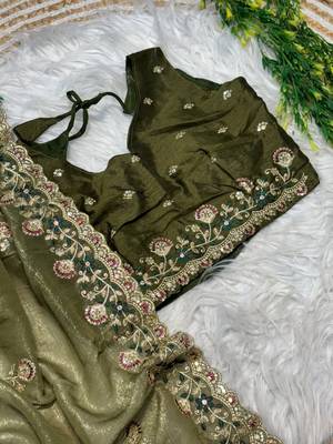 Mehndi Green Color embroidery sequence work art silk saree 3