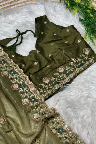 Mehndi Green Color embroidery sequence work art silk saree