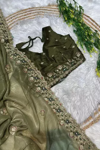 Mehndi Green Color embroidery sequence work art silk saree