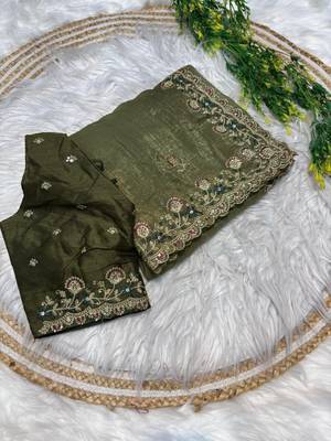 Mehndi Green Color embroidery sequence work art silk saree 5